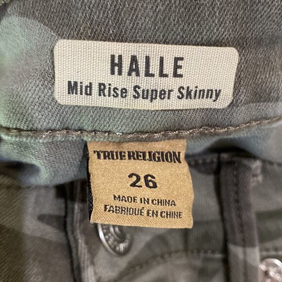 True Religion Jeans Halle Mid Rise Super Skinny Green Camo Distressed Size 26 - Picture 6 of 12